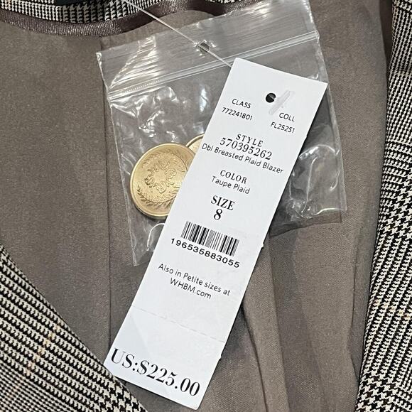 NWT White House Black Market Blazer Womens 8 Taupe Plaid Double Breasted Buttons - Picture 9 of 11